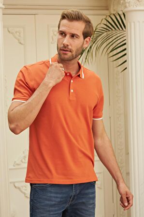 Erkek Slim Fit Düz Polo Yaka T-Shirt Turuncu