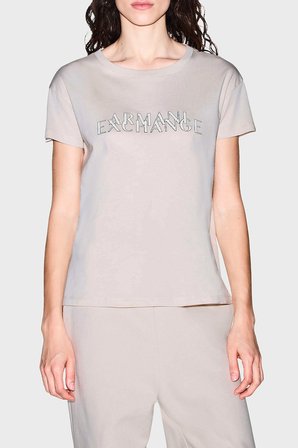 Armani Exchange %100 Pamuk Logolu Bisiklet Yaka T Shirt Kadın T SHİRT XW002957 AF10356 U1039 EKRU