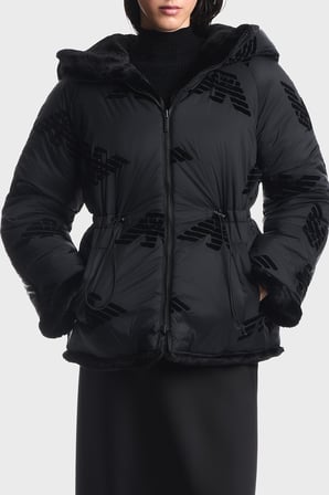 Emporio Armani Logo Nakışlı Çift Taraflı Comfort Fit Suni Kürklü Kaban Kadın KABAN EW001467 AF14618 MC736 SİYAH