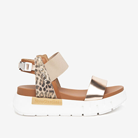 Nero Giardini  Kadın Sandalet E219022D NeroGiardini SPECCHIO OPACO PHARD ARMENIA COGNAC LEO GLITTER ORO TR LIGHT
