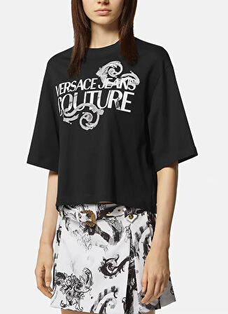 Versace Jeans Couture Yuvarlak Yaka Baskılı Siyah Kadın T-Shirt 76HAHG01
