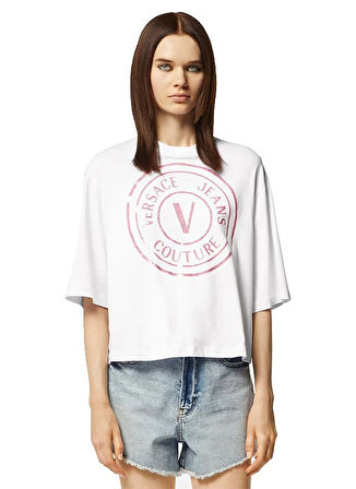 Versace Jeans Couture Yuvarlak Yaka Baskılı Beyaz Kadın T-Shirt 76HAHG05