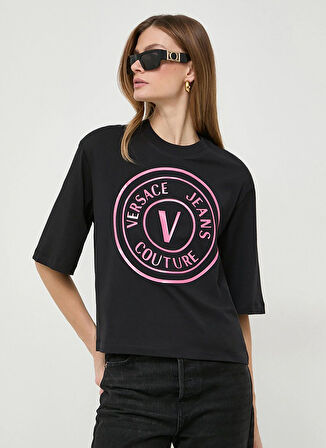 Versace Jeans Couture Yuvarlak Yaka Baskılı Siyah Kadın T-Shirt 76HAHG05