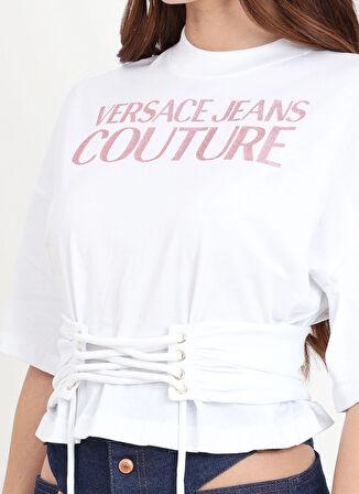 Versace Jeans Couture Yuvarlak Yaka Baskılı Beyaz Kadın T-Shirt 76HAHG04