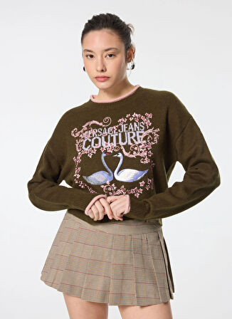 Versace Jeans Couture Yuvarlak Yaka Standart Baskılı Yeşil Kazak Kadın 77HAFM12