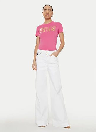 Versace Jeans Couture Yuvarlak Yaka Baskılı Pembe Kadın T-Shirt 78HAHT01