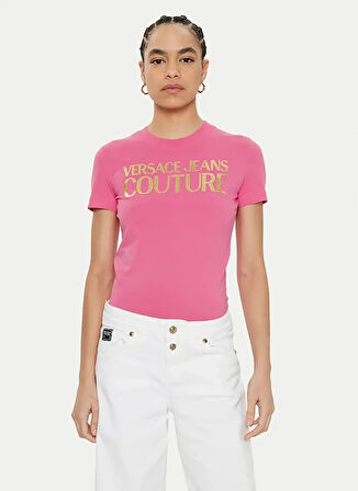 Versace Jeans Couture Yuvarlak Yaka Baskılı Pembe Kadın T-Shirt 78HAHT01