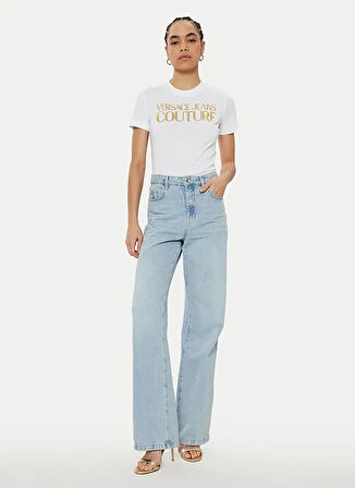 Versace Jeans Couture Yuvarlak Yaka Baskılı Beyaz Kadın T-Shirt 78HAHT01