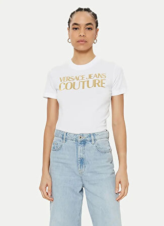 Versace Jeans Couture Yuvarlak Yaka Baskılı Beyaz Kadın T-Shirt 78HAHT01