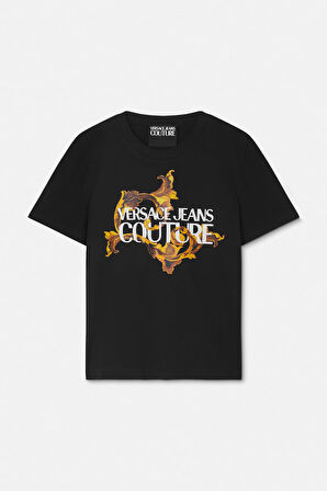 Kadın Regular Fit Barok Desenli Yazı Logolu T-Shirt - Siyah/Altın Sarısı | S