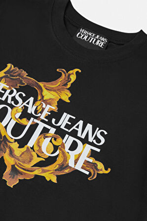 Kadın Regular Fit Barok Desenli Yazı Logolu T-Shirt - Siyah/Altın Sarısı | S