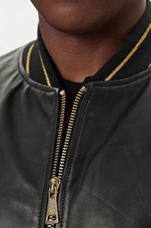 Erkek Regular Fit Altın Jakarlı Ribanalı Deri Bomber Ceket - Siyah | 48