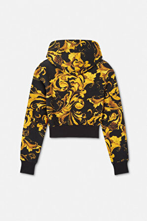 Kadın Crop Fit Barok Desenli Kapüşonlu Sweatshirt - Siyah/Gold | S
