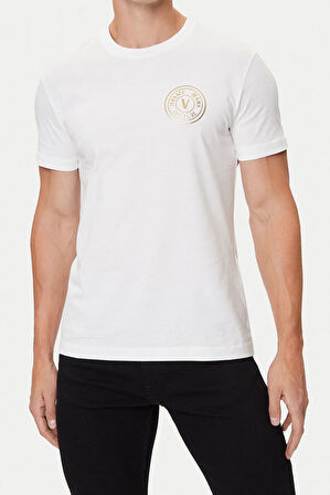 Erkek Regular Fit Altın Rengi Varak Baskı Amblemli Bisiklet Yaka T-Shirt - Beyaz | XL