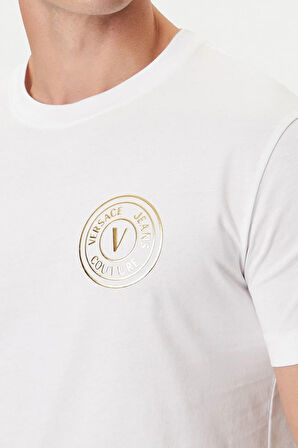 Erkek Regular Fit Altın Rengi Varak Baskı Amblemli Bisiklet Yaka T-Shirt - Beyaz | XL