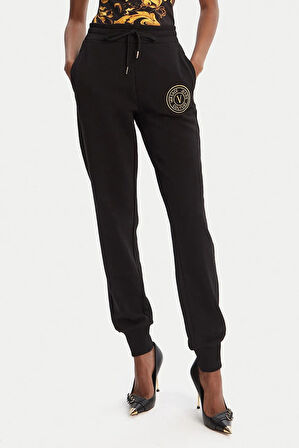 Kadın Regular Fit Nakışlı V Amblemli Paçası Lastikli Eşofman Altı - Siyah/Altın Sarısı | XS