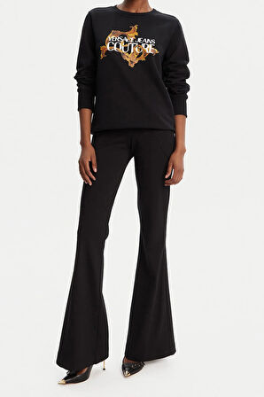 Kadın Regular Fit Barok Desenli Bisiklet Yaka Sweatshirt - Siyah/Gold | M