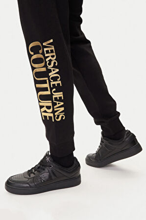 Erkek Regular Fit Altın Rengi Varak Logolu Eşofman Altı - Siyah/Gold | L