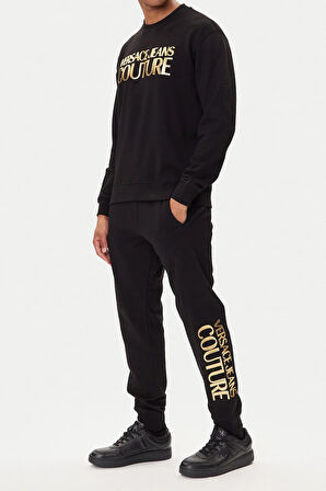 Erkek Regular Fit Altın Rengi Varak Logolu Eşofman Altı - Siyah/Gold | XL