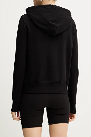 Kadın Regular Fit Altın Rengi Nakışlı V Amblemli Kapüşonlu Fermuarlı Sweatshirt - Siyah/Gold | M