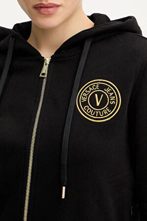Kadın Regular Fit Altın Rengi Nakışlı V Amblemli Kapüşonlu Fermuarlı Sweatshirt - Siyah/Gold | M