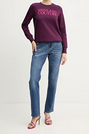 Kadın Regular Fit Nakışlı Yazı Logolu Bisiklet Yaka Sweatshirt - Mor | XS