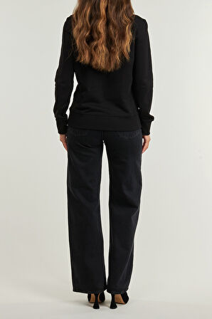 Kadın Regular Fit Altın Rengi Nakışlı Yazı Logolu Bisiklet Yaka Sweatshirt - Siyah | L