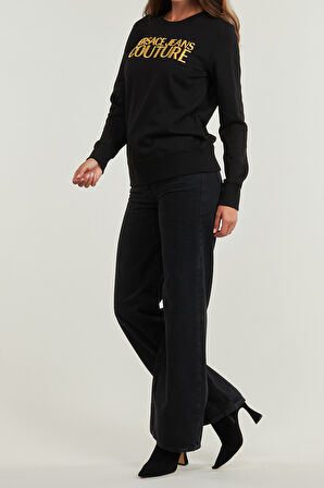 Kadın Regular Fit Altın Rengi Nakışlı Yazı Logolu Bisiklet Yaka Sweatshirt - Siyah | XS