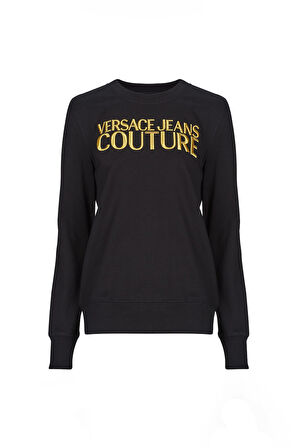 Kadın Regular Fit Altın Rengi Nakışlı Yazı Logolu Bisiklet Yaka Sweatshirt - Siyah | XS