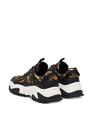 Kadın Fondo Hiker Dis. 11  Barok Desenli Kalın Tabanlı Sneaker - Siyah/Altın Sarısı | 39