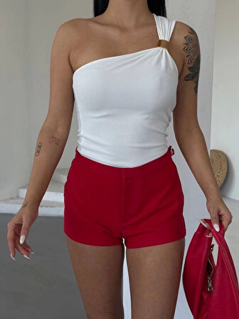 Tek omuzlu Otoman kumaş gold metal detaylı bluz s2311