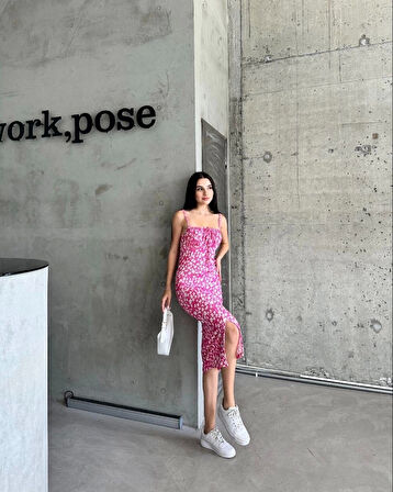 Kaşkorse Desenli askılı elbise