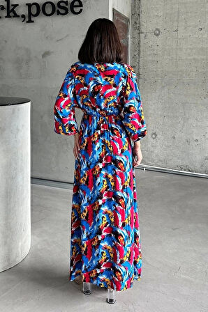 Dokuma baskılı yarasa kol elbise s8124