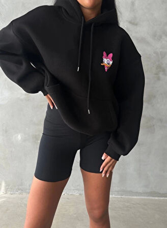 3 iplik şardonlu oversize compact ördek baskılı sweat siyah