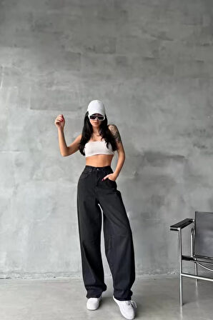 Arkadan tokalı jeans pantolon Siyah