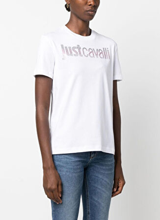 Just Cavalli Bisiklet Yaka Baskılı Beyaz Kadın T-Shirt 75PAHE00