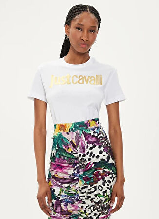 Just Cavalli Yuvarlak Yaka Baskılı Beyaz Kadın T-Shirt 76PAHG11