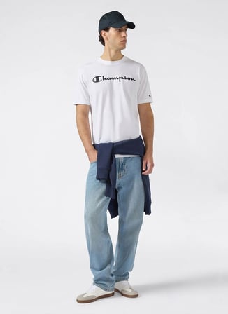 Champion 221814-WW001 Short Sleeve T-shirt Beyaz Erkek Yuvarlak Yaka Süprem T-Shirt