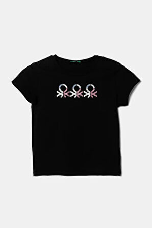 Kız Çocuk Siyah Simli Logo Baskılı T-Shirt