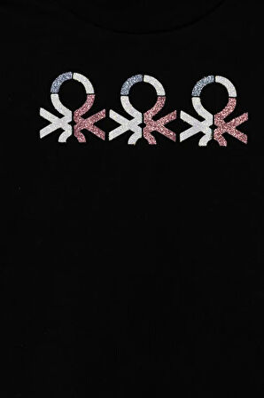 Kız Çocuk Siyah Simli Logo Baskılı T-Shirt