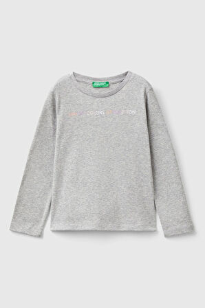 Kız Çocuk Logo Baskılı Uzun Kollu T-Shirt - Gri Melanj | 18-24AY