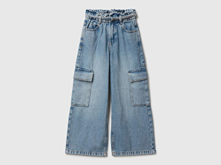 Benetton Kız Çocuk Koyu Mavi Beli Bağlamalı Kargo Stili Wide Fit Denim Pantolon