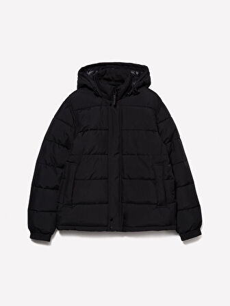 Çıkarılabilir Kapüşonlu Cepli Gizli Fermuarlı Şişme Mont Erkek Siyah Mont - 324A2WYCSN03M