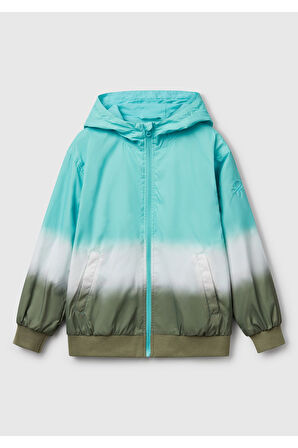 Erkek Çocuk Turkuaz Kolu Logo İşlemeli Fermuarlı Kapüşonlu Yağmurluk
