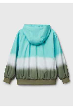 Erkek Çocuk Turkuaz Kolu Logo İşlemeli Fermuarlı Kapüşonlu Yağmurluk