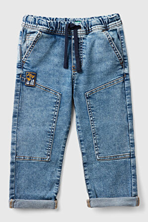 Erkek Çocuk Denim Beli Lastikli Büzgü İpli Kıvrık Paça Denim Pantolon - Mavi | 2-3