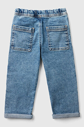 Erkek Çocuk Denim Beli Lastikli Büzgü İpli Kıvrık Paça Denim Pantolon - Mavi | 2-3