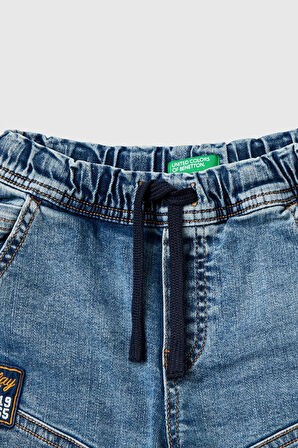 Erkek Çocuk Denim Beli Lastikli Büzgü İpli Kıvrık Paça Denim Pantolon - Mavi | 2-3