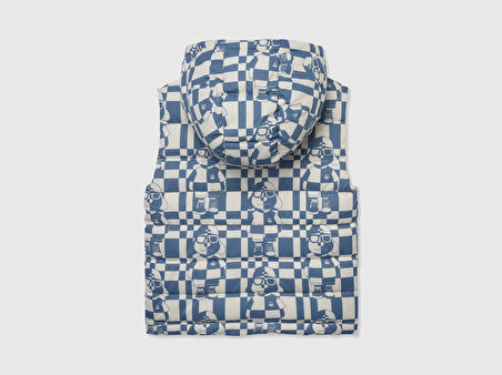 Erkek Çocuk Mavi Beyaz Mix Desenli Ve Kapüşonlu Yelek