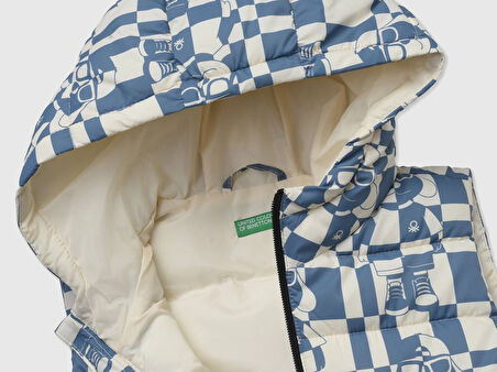 Erkek Çocuk Mavi Beyaz Mix Desenli Ve Kapüşonlu Yelek